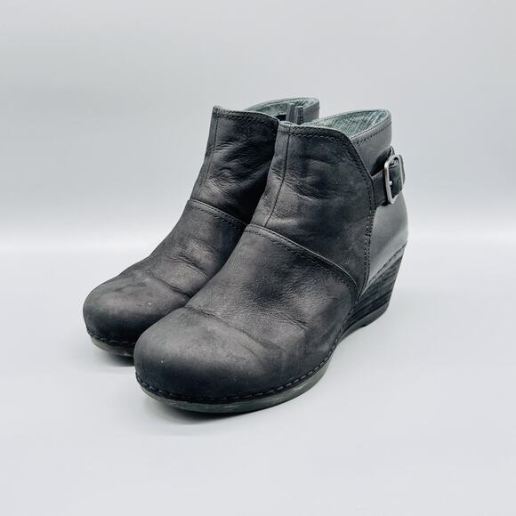 Dansko Shoes Womens 7.5 Black Leather Booties Shirley Wedge Ankle Buckle Zip - Picture 3 of 12